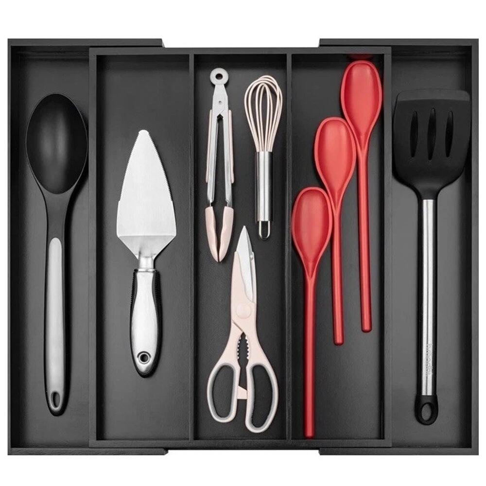 Purawood‎ Bamboo Drawer Organizer Expandable 3-5 Slots Kitchen Silverware Black